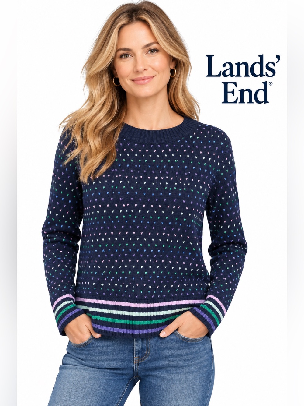 Lands’ End Drifter Women’s Cotton Sweater Navy Multicolor Heart Dot Medium